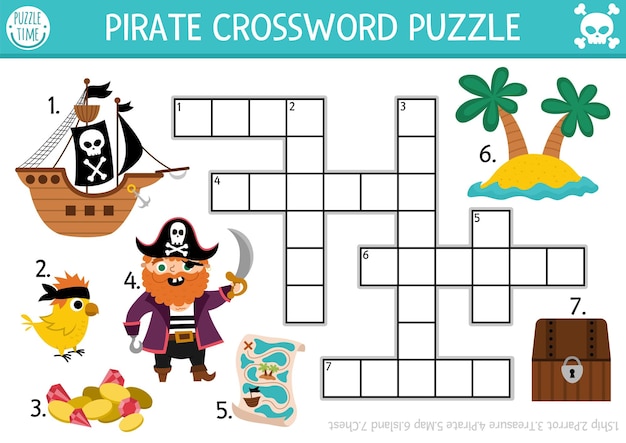 Vector pirate crossword puzzle for kids Simple treasure island quiz for children Educational activity with ship parrot map chest Cute sea adventure cross word or English language riddlexA