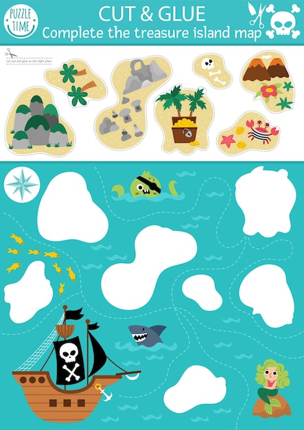 Vector pirate cut and glue activity Crafting game with cute island map and sea landscape Fun treasure hunt printable worksheet for children Find the right piece of the puzzle Complete the picturexA