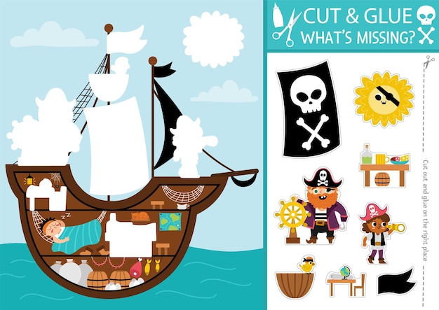 Vector pirate cut and glue activity Crafting game with cute sea landscape and ship interior