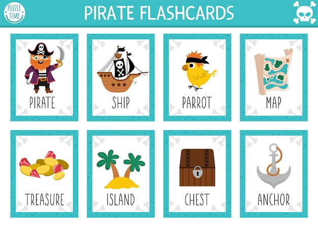 Vector pirate flash cards set English language game with cute ship treasure island chest for kids Sea adventures flashcards with map parrot Simple educational printable worksheetxA