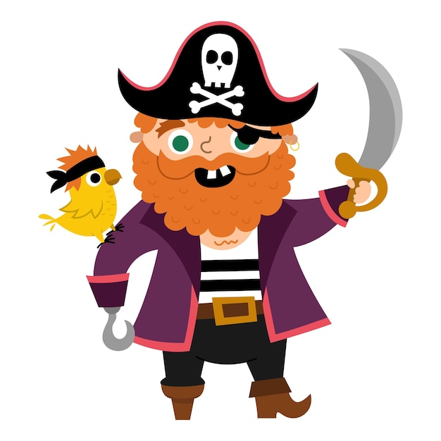 Vector pirate icon Cute sea captain illustration Treasure island hunter with red beard parrot sward cocked hat Funny pirate party element for kids isolated on white background