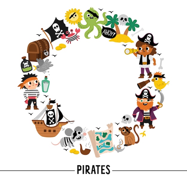 Vector pirate round frame with pirates ship and animals Treasure island border wreath card template or marine party design for banners invitations Cute sea adventures illustrationxA