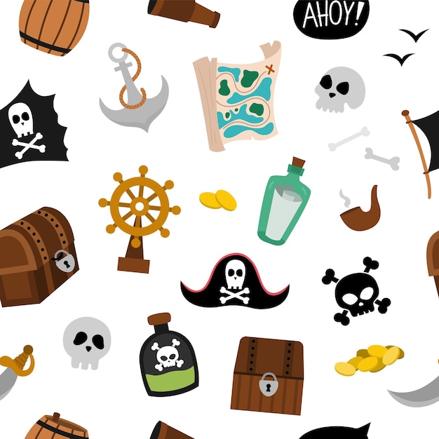 Vector pirate seamless pattern Cute sea adventures symbols repeat background Treasure island digital paper with treasure chest map bottle anchor pirate hat crossbones Funny pirate party texturexA