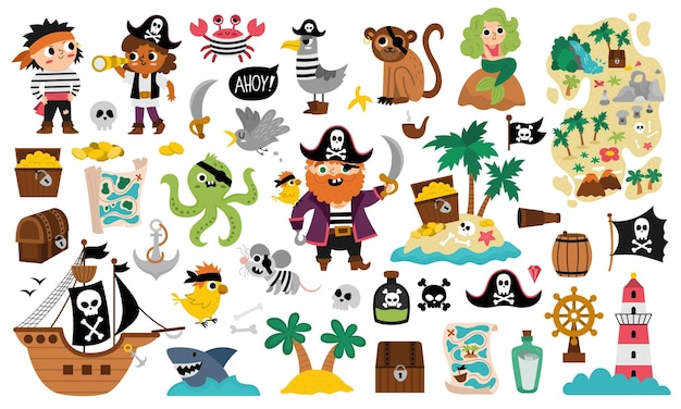 Vector pirate set Cute sea adventures icons collection Treasure island illustrations with ship captain sailors chest map parrot monkey map Funny pirate party elements for kidsxA