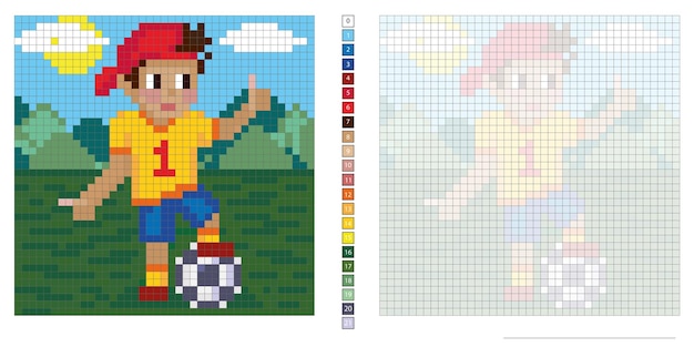 vector pixel illustration, boy soccer player, coloring, creative skills imagination