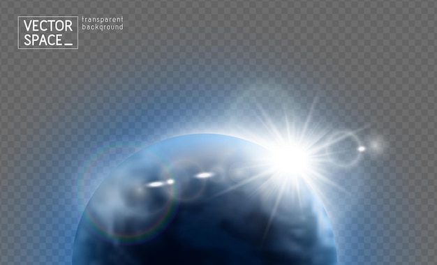 Vector planet Earth with sunrise lens flare in space isolated on transparent background. Blue globe illustration. Sciense astronomy design element.