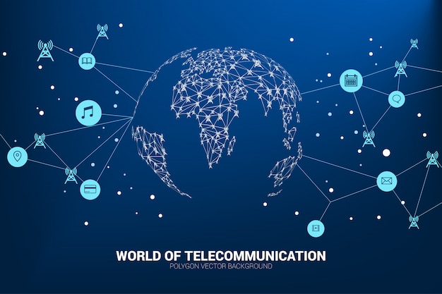 Vector Polygon antenna tower icon connect line to world map shape.