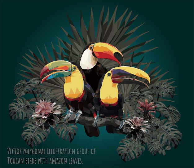 Vector polygonal illustration group of Toucan birds with amazon leaves