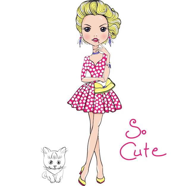 Vector Pop Art cute fashion girl with cat