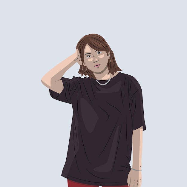 Vector portrait of a beautiful girl with style wearing a black t-shirt