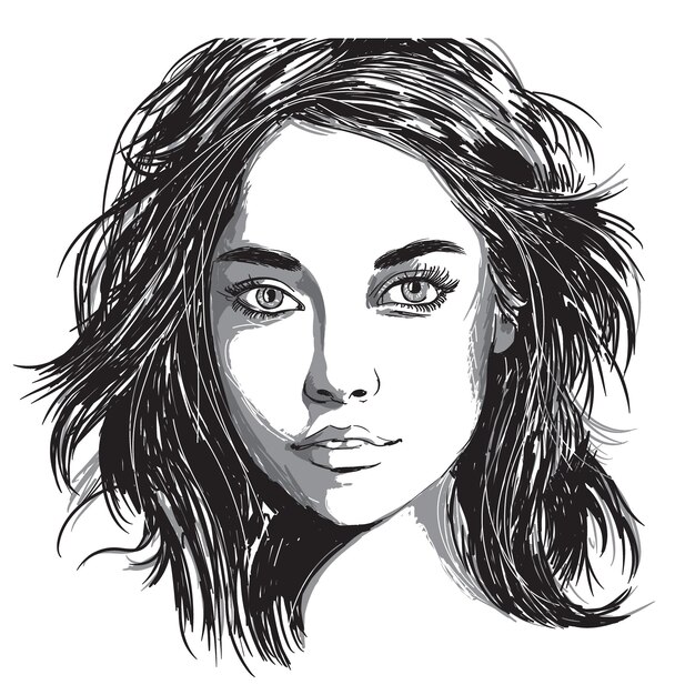 Vector vector portrait of a fashionable young beautiful girl with tousled hair