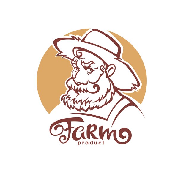 Vector portrait of old farmer in hat and farm lettering composition for your logo