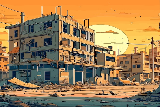 vector post apocalypse city cartoon with empty destroyed living buildings illustration