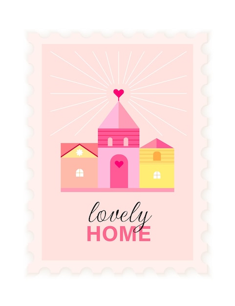 Vector postage stamp with pink house Retro illustration for Valentines Day