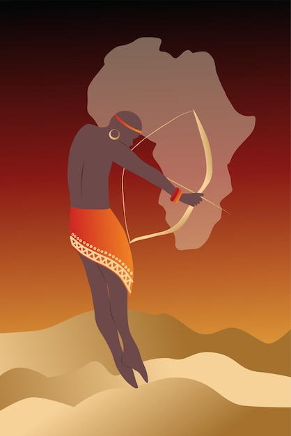 Vector poster African man with bow portrait fulllength abstract Poster in traditional style African landscape