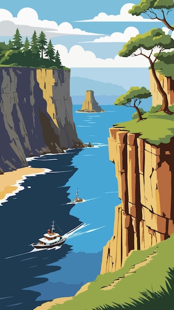 Vector of a poster for a cliff with a boat on the water and cliffs in the background