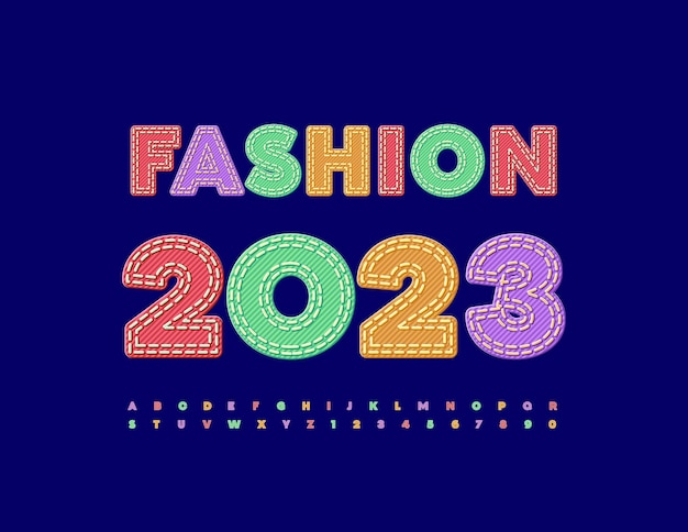 Vector poster concept Fashion 2023. Colorful Jeans Alphabet Letters and Numbers. Denim textured Font