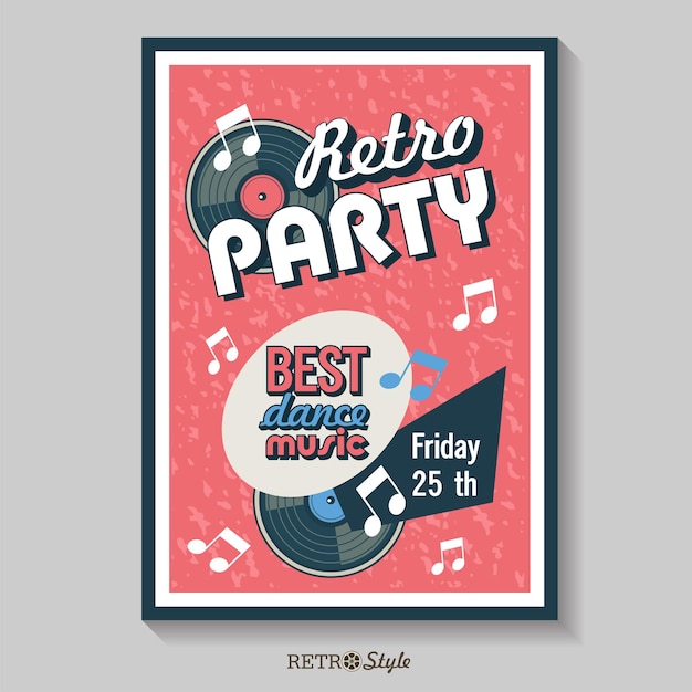 Vector poster. Retro party. The best dance music. Vintage emblem with a vinyl record.