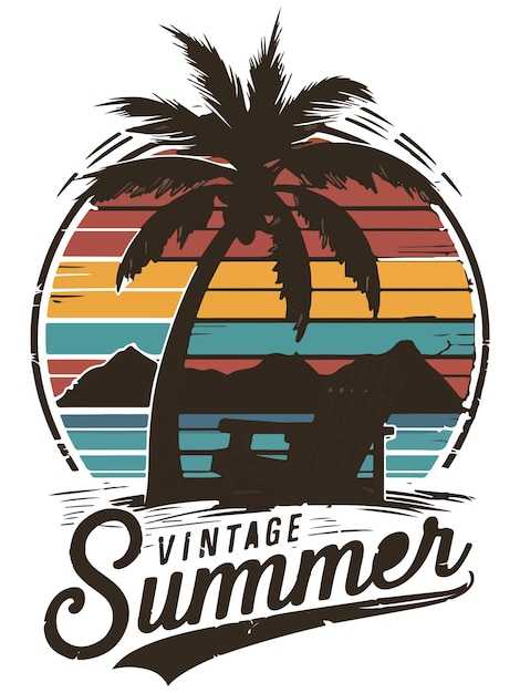 Vector poster for vintage style summer time with palm trees and a beach scene