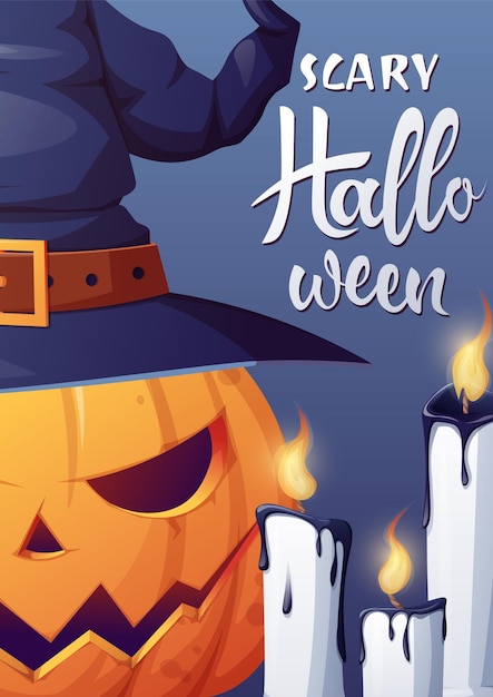 Vector poster with a pumpkin in a hat and Halloween candles Postcard for the holiday Happy Halloween