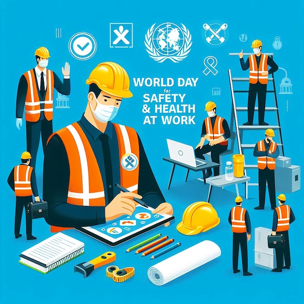 vector a poster of world day at work with workers and a blue background