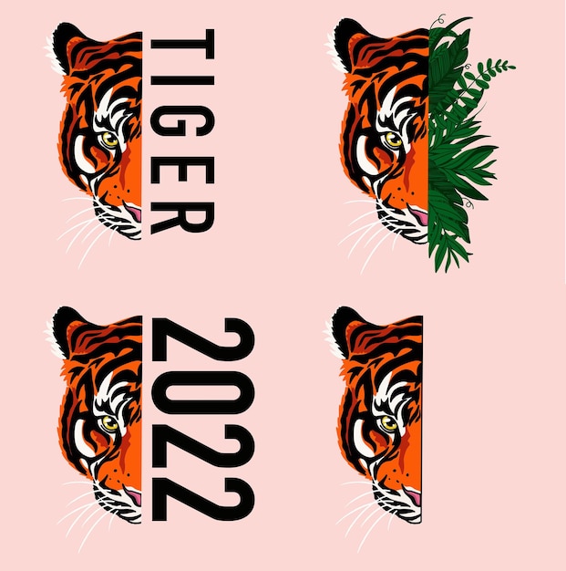 Vector posters with the image of a tiger head with tropical leaves and inscriptions for printing