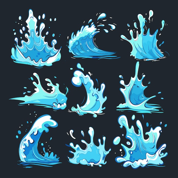 Vector pouring water splashes and drops flat icons set vector illustration isolated on background