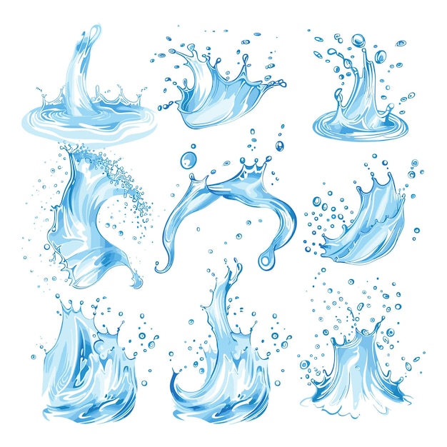 Vector pouring water splashes and drops flat icons set vector illustration isolated on background