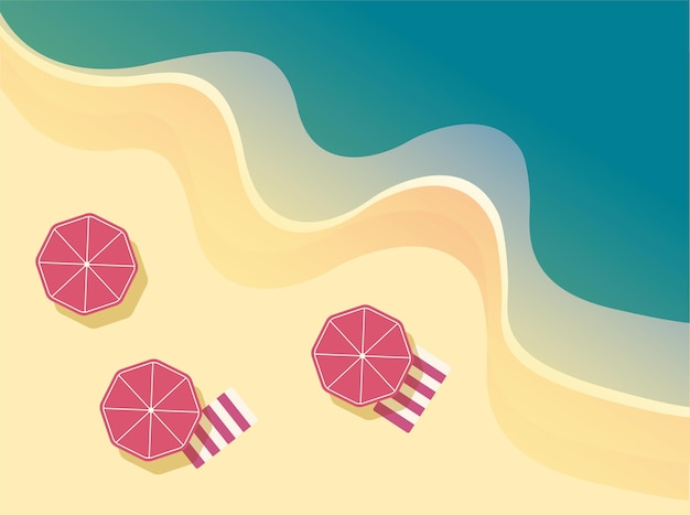 Vector print postcard top view of the beach, sea waves and red beach umbrellas