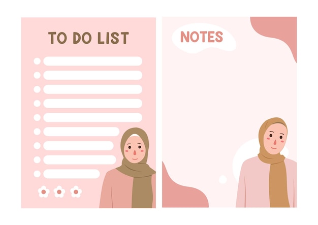 Vector printable to do list planner and memo notes with muslimah hijab pastel illustration