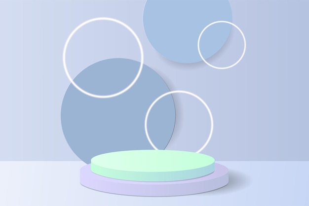 Vector product podium with neon circle on blue studio background. Layout for your design.