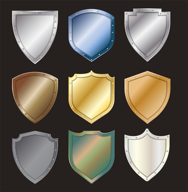 Vector protected steel shield steel icon sign set