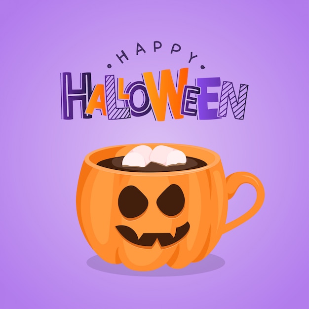 Vector purple greeting card with pumpkin coffee cup and marshmallow. Happy Halloween