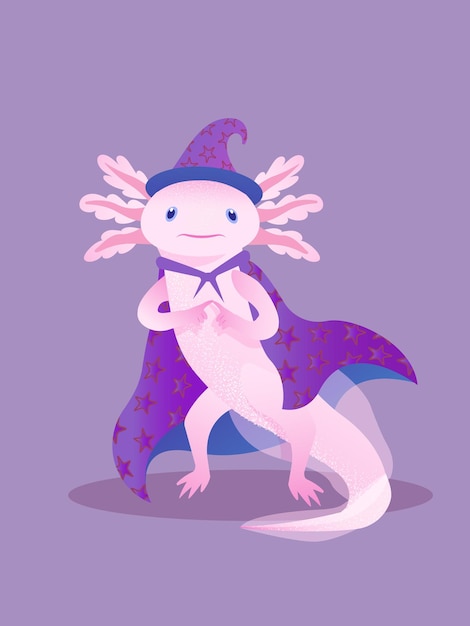 Vector purple illustration of a cartoon pink shy axolotl wizard, a cute magic character for kids