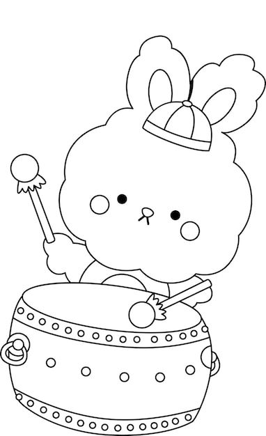 a vector of rabbit playing a Chinese drum in black and white colouring