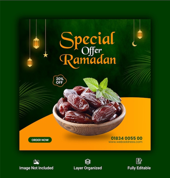 Vector ramadan dates fruits and burger food social media banner and instagram post design template