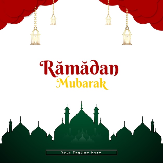 Vector ramadan mubarak and eid mubarak red and green greeting card