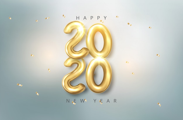 Vector realistic 2020 balloons in 3D style in gold color. Design of greeting card