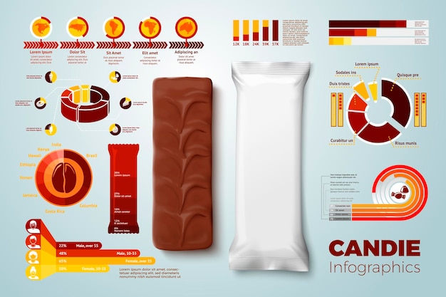 Vector vector realistic 3d chocolate pack with business infographics icons and charts isolated on bright