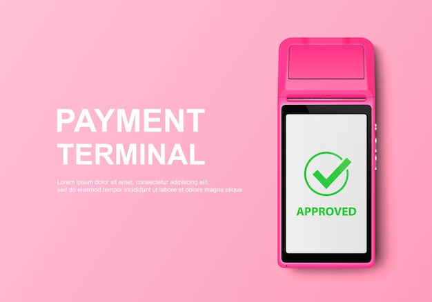 Vector Realistic 3d Pink Touch Mobile Payment Machine POS Terminal Closeup Isolated on Pink Design Template of Bank Payment Wireless Contactless Terminal Mockup Payments device Top View