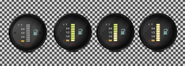 Vector realistic 3D set of fuel level indicators in a car Illustration on a transparent background