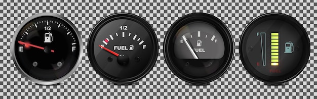 Vector realistic 3D set of fuel level indicators in a car Illustration on a transparent backgroundVe