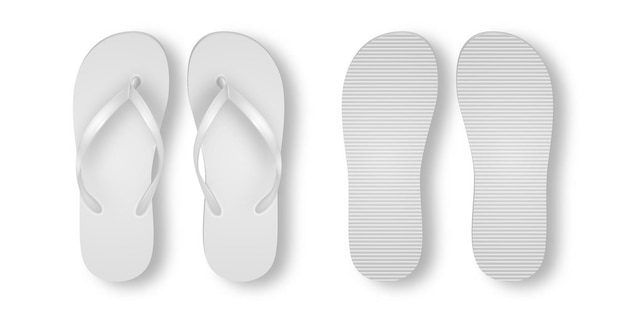 Vector Realistic 3d White Blank Empty Flip Flop Set Closeup Isolated on White Background Design Template of Summer Beach Flip Flops Pair For Advertise Logo Print Mockup Front and Back View