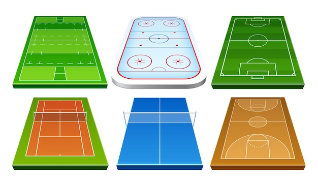 Vector realistic badminton ice hockey rugby soccer football and basket ball playground set