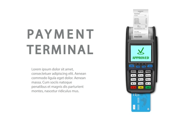 Vector Realistic black 3d Payment machine A closeup POS terminal with a receipt and a bank card on a white background Design template layout NFC payment processing device Top View