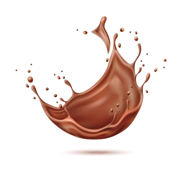 Vector realistic chocolate splash, pouring liquid chocolate whirl, melted, molten cocoa flow. Liquid explosion with drops for product design.