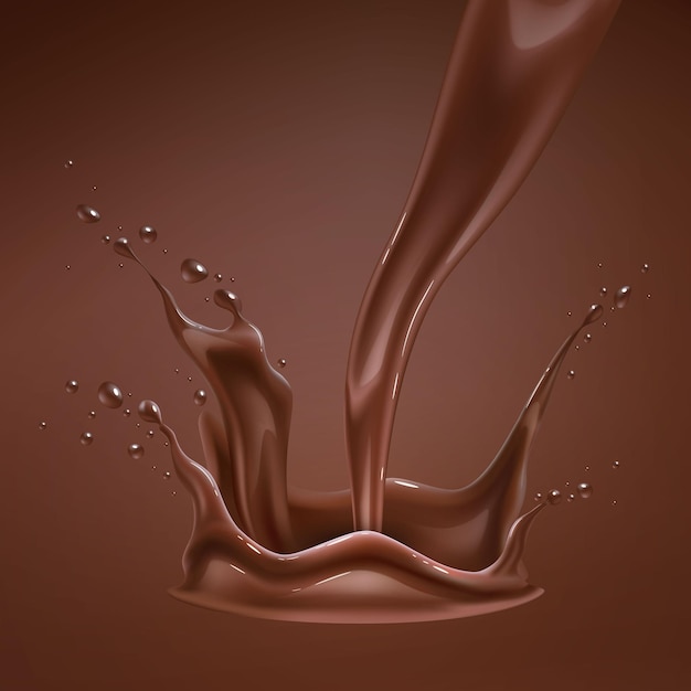 Vector realistic chocolate splash pouring liquid chocolate whirl melted molten cocoa flow