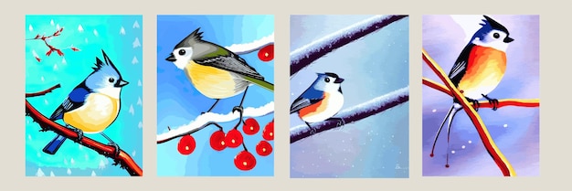 Vector vector realistic detailed illustration set of finches on branches on winter branches winter design elements