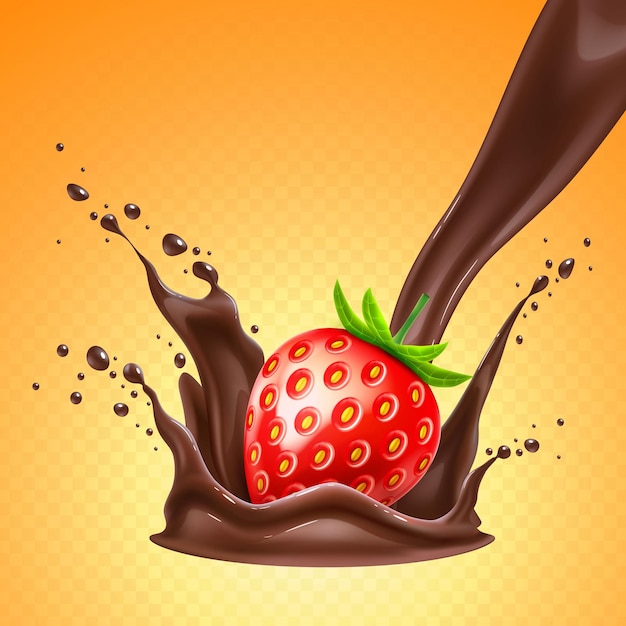 Vector realistic detailed strawberry in melted chocolate splash