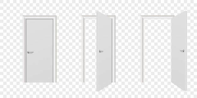 Vector Realistic Different Opened and Closed White Wooden Door Icon Set Closeup Isolated on Transparent Background Elements of Architecture Design Template of Modern Door for Graphics Front View